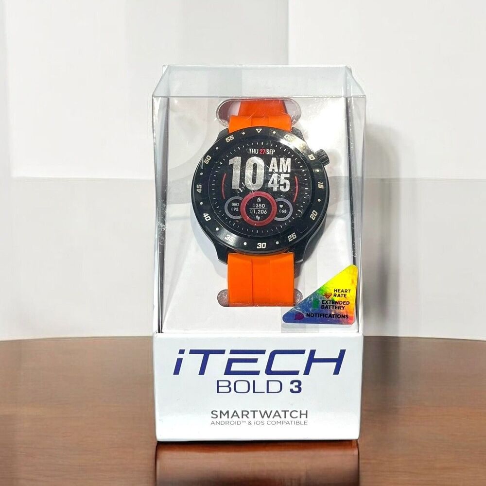 iTech Bold 3 Smart Watch Fitness Tracker Unisex Orange Bluetooth Silicone Strap